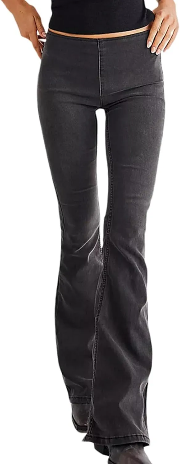 Mid Waisted Flare Jeans for Women Pull-On Skinny Flared Bootcut Denim Jegging Classic Stretch Curvy Bell Bottom Jeans