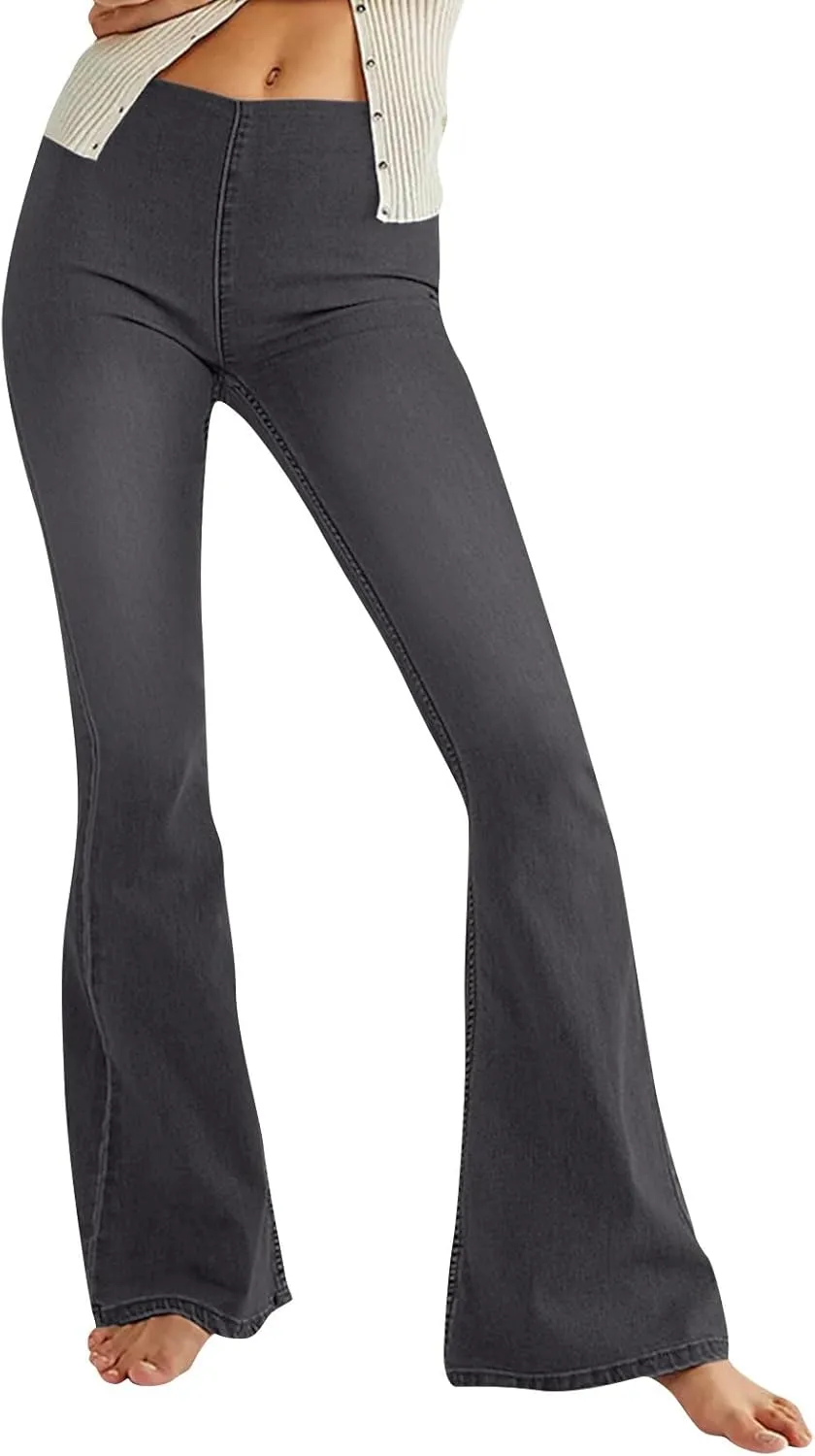 Mid Waisted Flare Jeans for Women Pull-On Skinny Flared Bootcut Denim Jegging Classic Stretch Curvy Bell Bottom Jeans