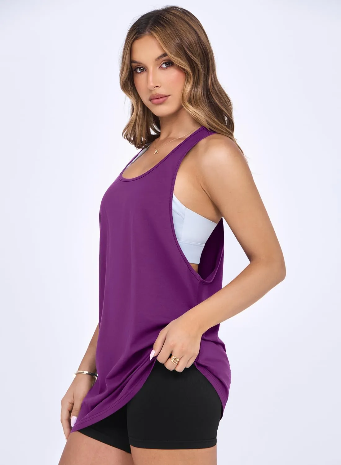 MIHOLL Womens Cotton Workout Tank Tops Racerback Sleeveless Relaxed-Fit Oversized Shirts