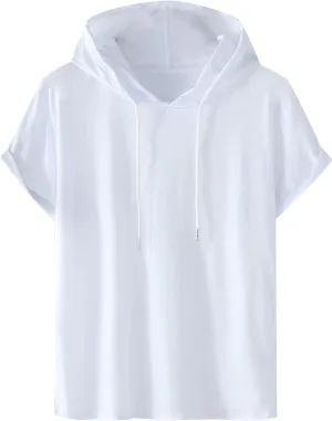 Muscularfit 100% Cotton T Shirts for Men 2024 Summer Short Sleeve Casual Hooded Shirt Loose Fit Solid Drawstring Hoodie Shirt
