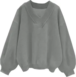 Mzkdieey Women Oversized Sweatshirt Hoodies Casual V Neck Long Sleeve Pullover Top Drop Shoulder Baggy Comfy Sweater