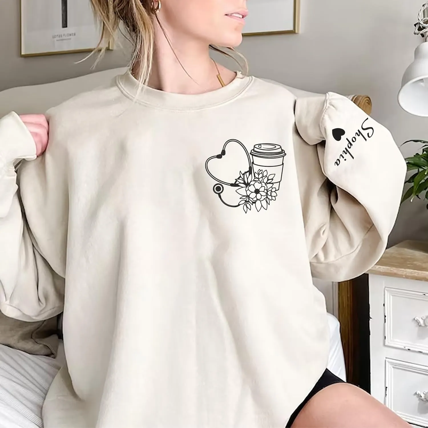 NANI Personalized Nurse Gliter Embroidered Sweatshirt, Nurse Side Bow Cut Out Sweatshirt, shirt For Nurse, Nurse Gift