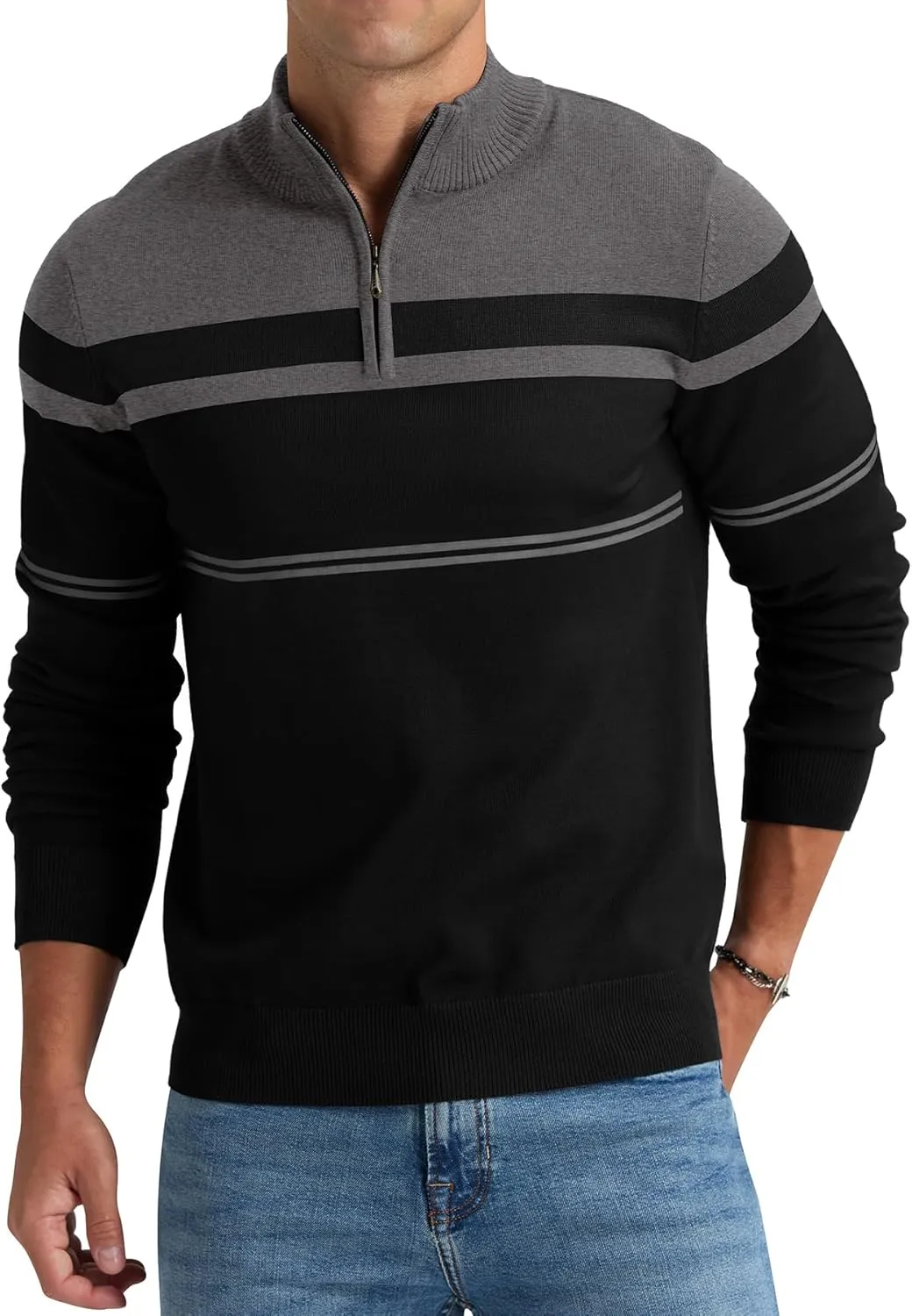 NITAGUT Mens Sweaters 1/4 Zip Up Striped Pullover Slim Fit Fall Winter Spring Long Sleeve Polo Sweaters