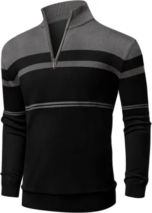 NITAGUT Mens Sweaters 1/4 Zip Up Striped Pullover Slim Fit Fall Winter Spring Long Sleeve Polo Sweaters