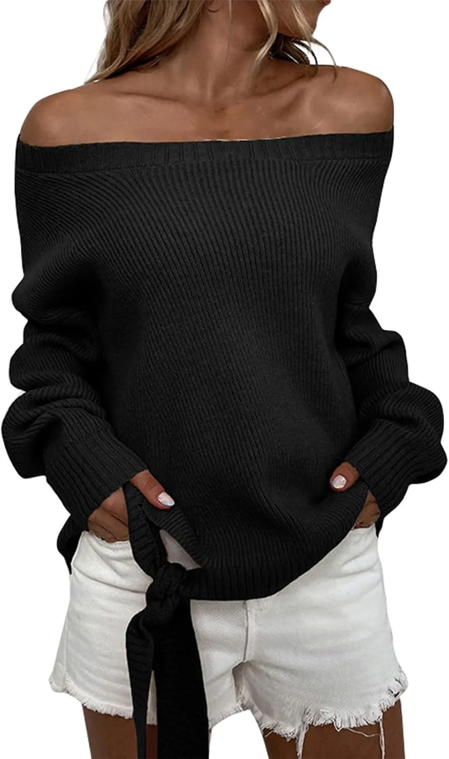 Off The Shoulder Sweater for Women Fall Long Sleeve Top 2024 Outfits Loose Knitted Winter Pullover Sweaters Plus Size