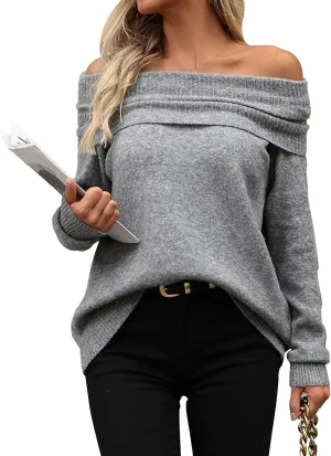 Off The Shoulder Sweater for Women Fall Long Sleeve Top 2024 Outfits Loose Knitted Winter Pullover Sweaters Plus Size