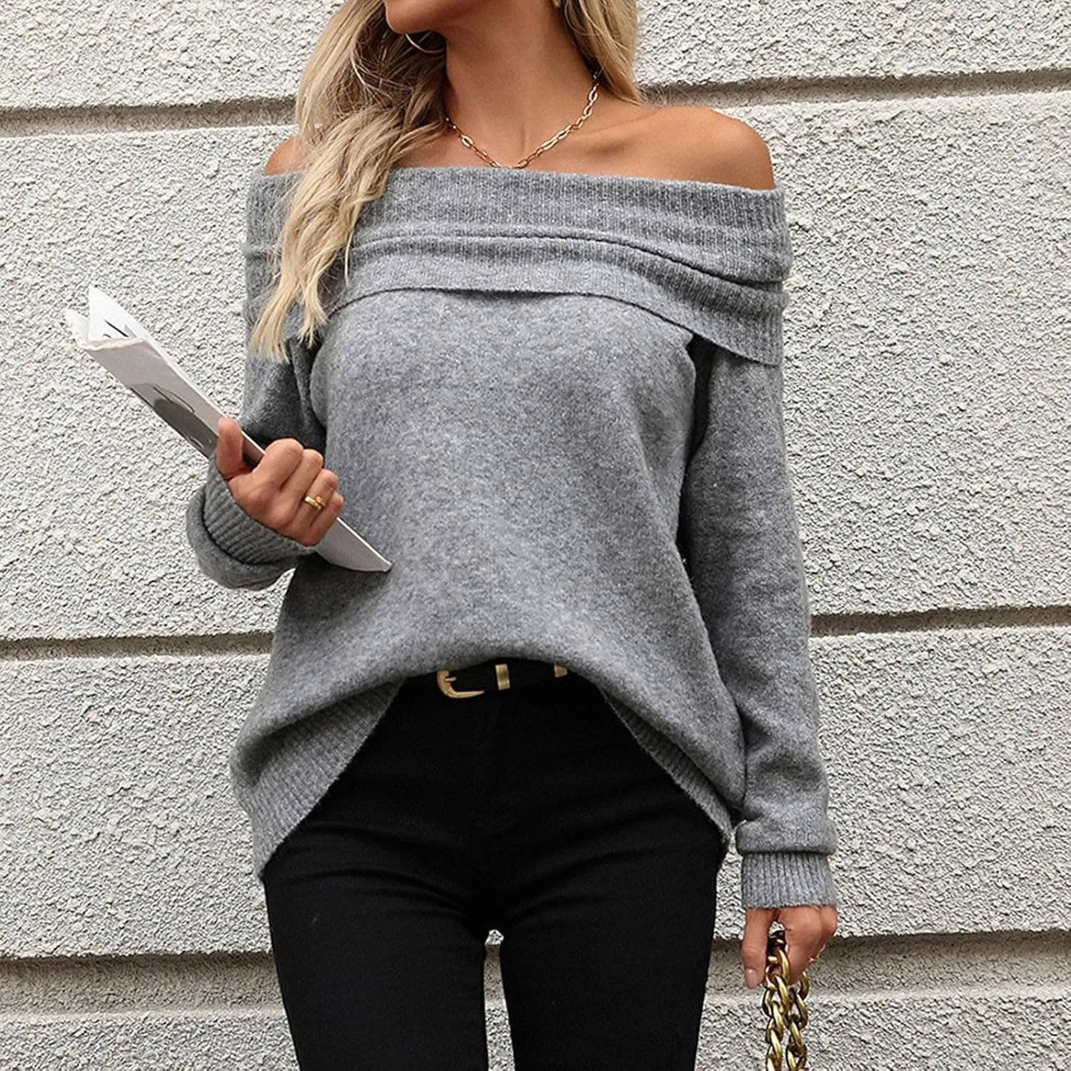 Off The Shoulder Sweater for Women Fall Long Sleeve Top 2024 Outfits Loose Knitted Winter Pullover Sweaters Plus Size