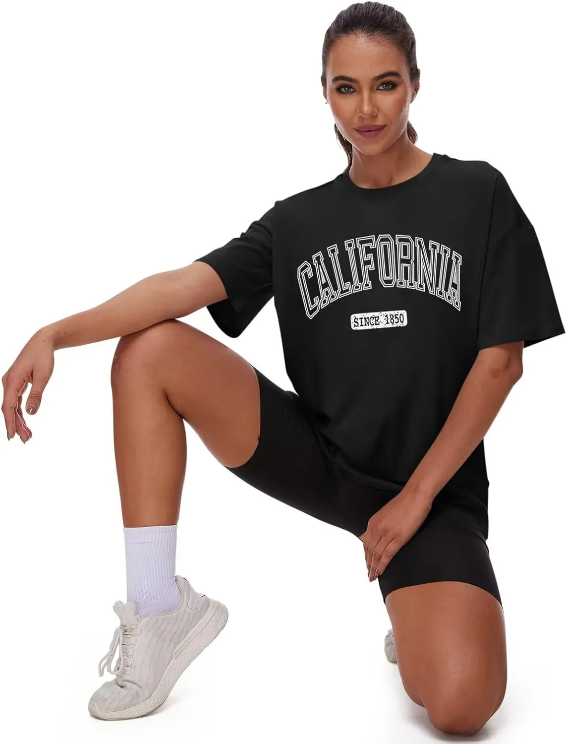ORANDESIGNE Women Oversized Letter Print T Shirts Crewneck Graphic Short Sleeve Tees
