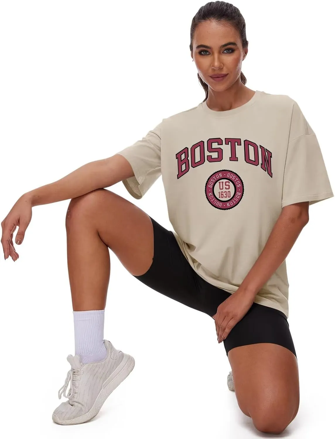 ORANDESIGNE Women Oversized Letter Print T Shirts Crewneck Graphic Short Sleeve Tees