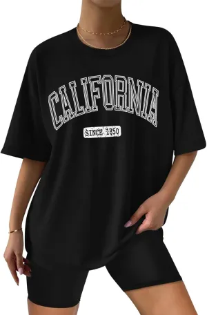 ORANDESIGNE Women Oversized Letter Print T Shirts Crewneck Graphic Short Sleeve Tees