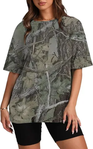 Oversized Camo T Shirts for Women Maple Leaf Print Shirt Crew Neck Trendy Blouses Loose Casual Tee Tops for Beach