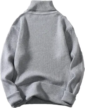 Oversized Turtleneck Ribbed Knitted Sweaters for Men Long Sleeve Solid Pullover Sweaters Casual Winter Warm Sweater