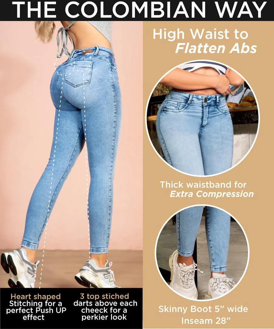 Pantalones Colombianos Levanta Cola | Butt Lifting Jeans for Women Colombian Jeans for Women Butt Lift Boot Cut Jeans Blue