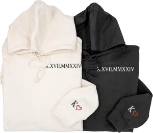 Personalized Embroidered Roman Numerals Hoodie - Matching Sweatshirts for Couples, Custom Embroidered Couple Sweartshirt, Gifts for Boyfriend, Girlfriend, Christmas, Valentine Style 3