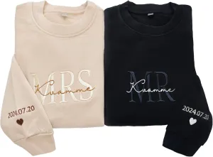 Personalized Mr and Mrs Embroidered Crewneck Sweatshirts with Dates on Sleeve, Personalized Husband and Wife Matching Shirt, Customized Honeymoon Matching Outfit, Custom Bride & Groom Gift