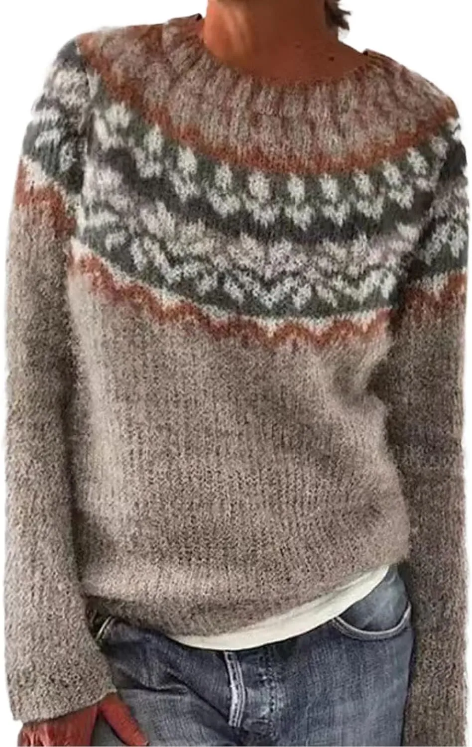 PETYCZEN Womens Fair Isle Sweater Vintage Long Sleeve Mock Neck Sweater Casual Loose Pullover Tops Cozy Warm Knit Sweater