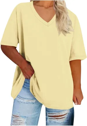 Plus Size Oversized T Shirts Women Fahsion V Neck Short Sleeve Drop Shoulder Tshirt Casual Summer Tunic Tops
