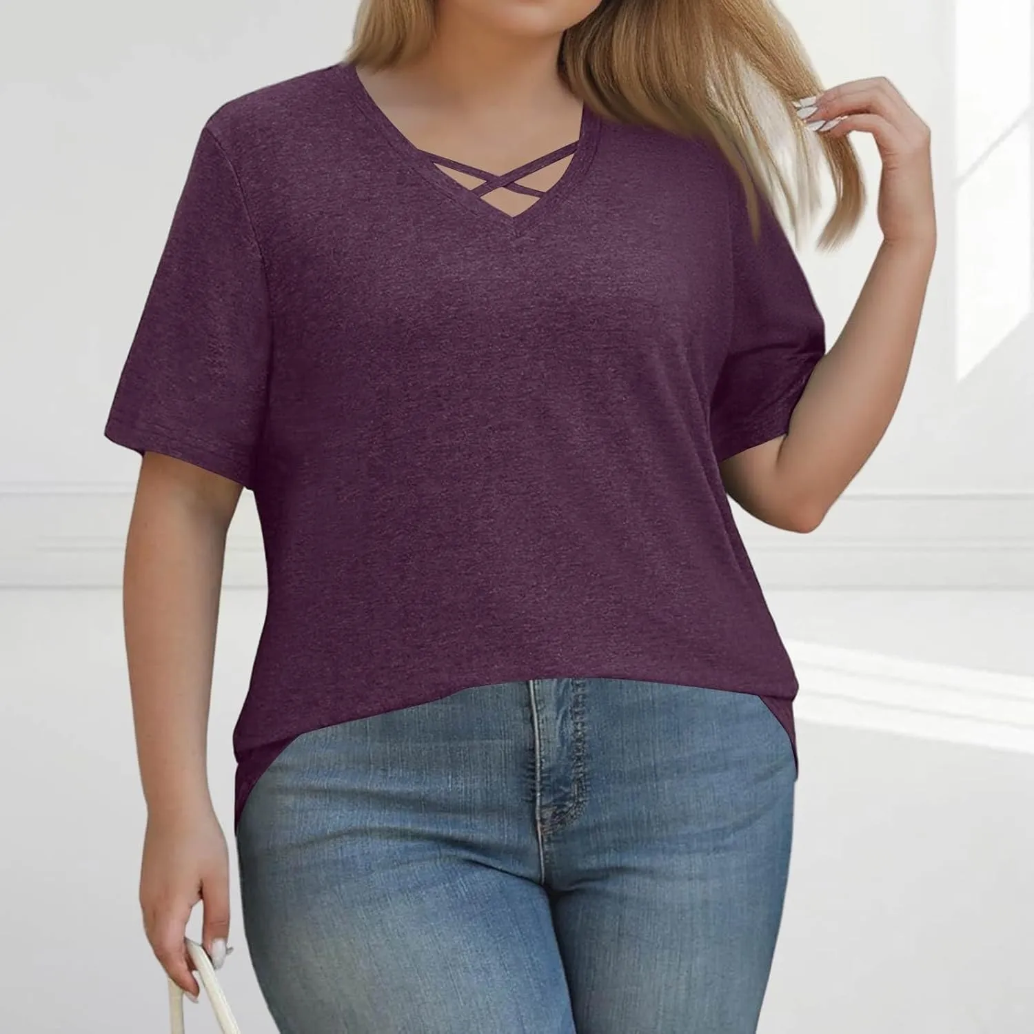 Plus Size Tops for Women Short Sleeve Summer Pullover Criss Cross Sexy V Neck Tshirt Tunic Loose Fit Tee Shirts XL-5XL