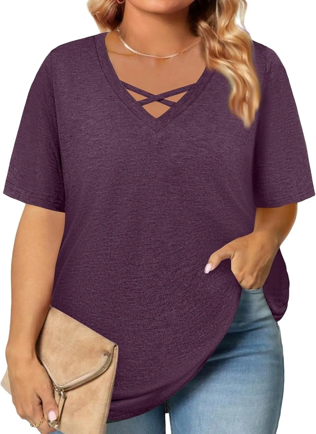 Plus Size Tops for Women Short Sleeve Summer Pullover Criss Cross Sexy V Neck Tshirt Tunic Loose Fit Tee Shirts XL-5XL