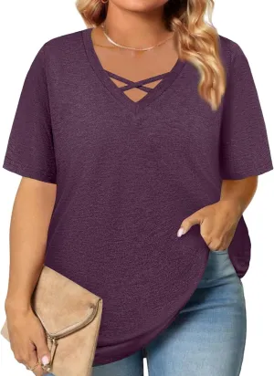 Plus Size Tops for Women Short Sleeve Summer Pullover Criss Cross Sexy V Neck Tshirt Tunic Loose Fit Tee Shirts XL-5XL
