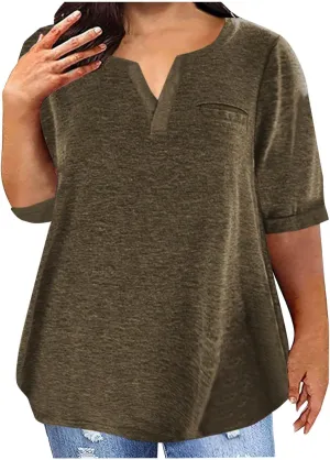 Plus Size Womens Half Sleeve Tops Notched V Neck Casual Loose Tees with Bust Pocket Oversized Solid Tunic Top 5XL