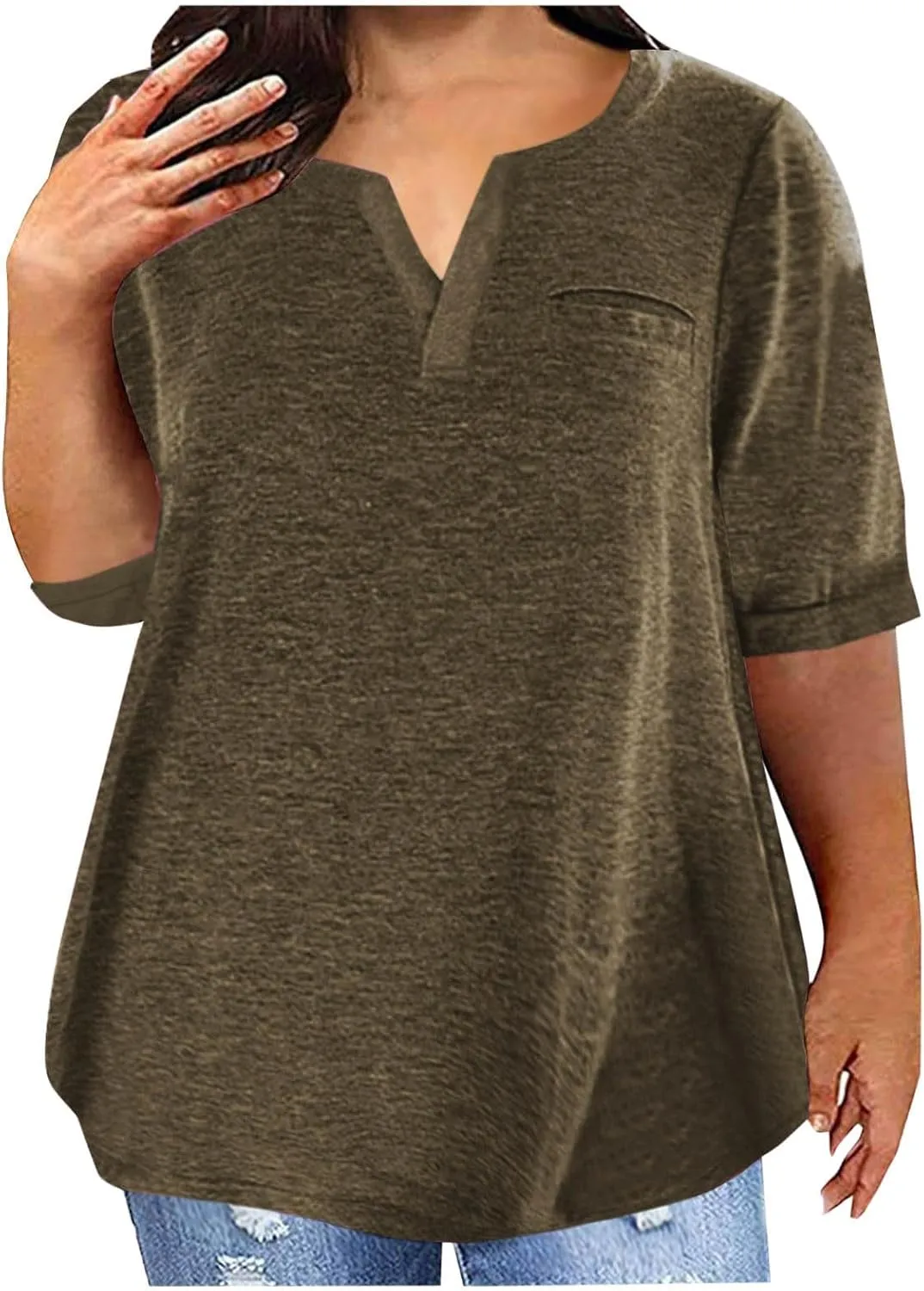Plus Size Womens Half Sleeve Tops Notched V Neck Casual Loose Tees with Bust Pocket Oversized Solid Tunic Top 5XL