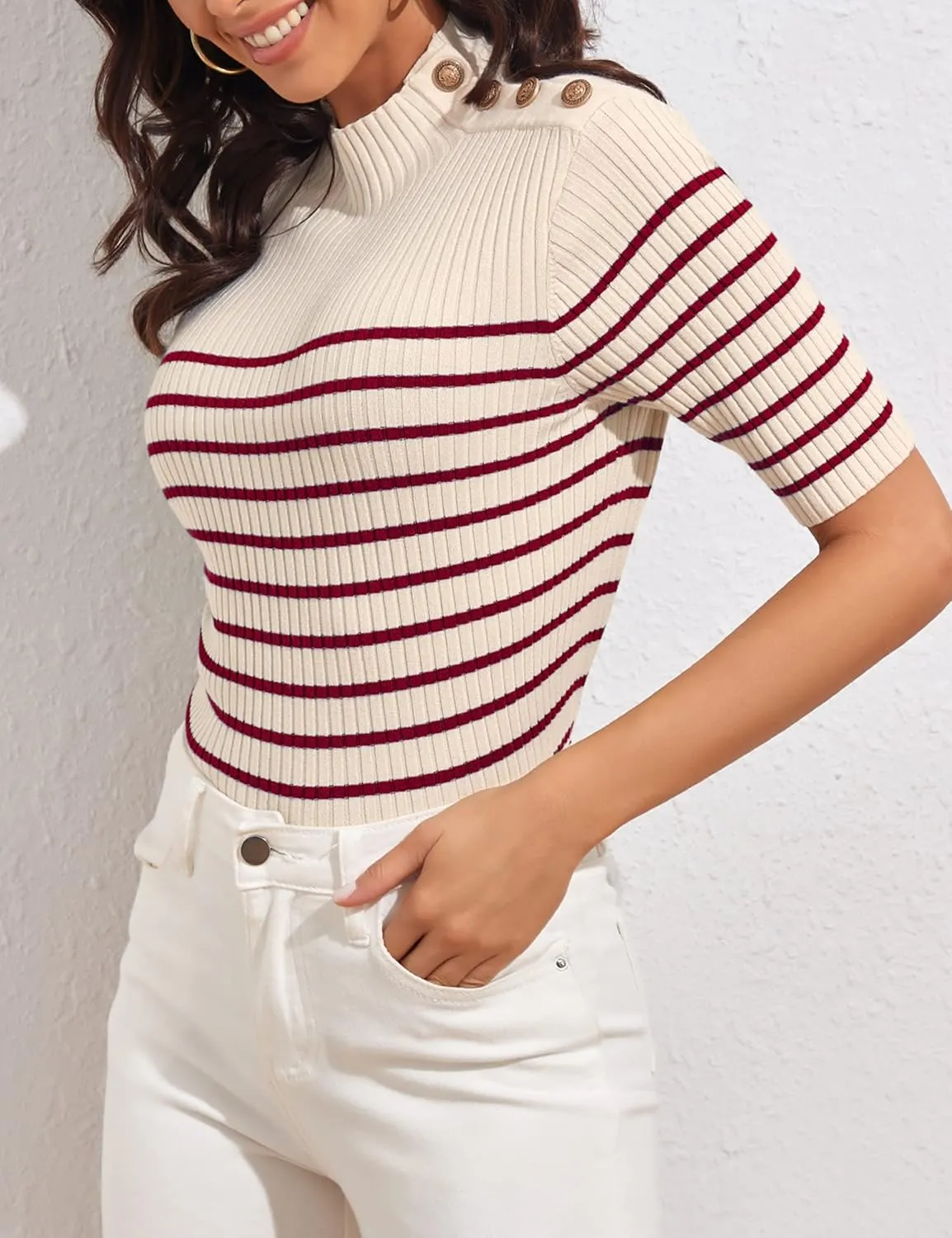 PrettyGuide Women's Short Sleeve Sweater Tops Mock Neck with Button Pullover Slim Fit Casual Business Knit Basic Top