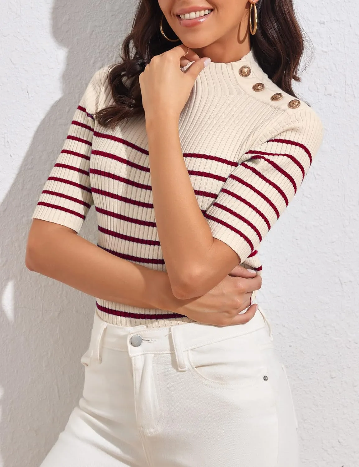 PrettyGuide Women's Short Sleeve Sweater Tops Mock Neck with Button Pullover Slim Fit Casual Business Knit Basic Top