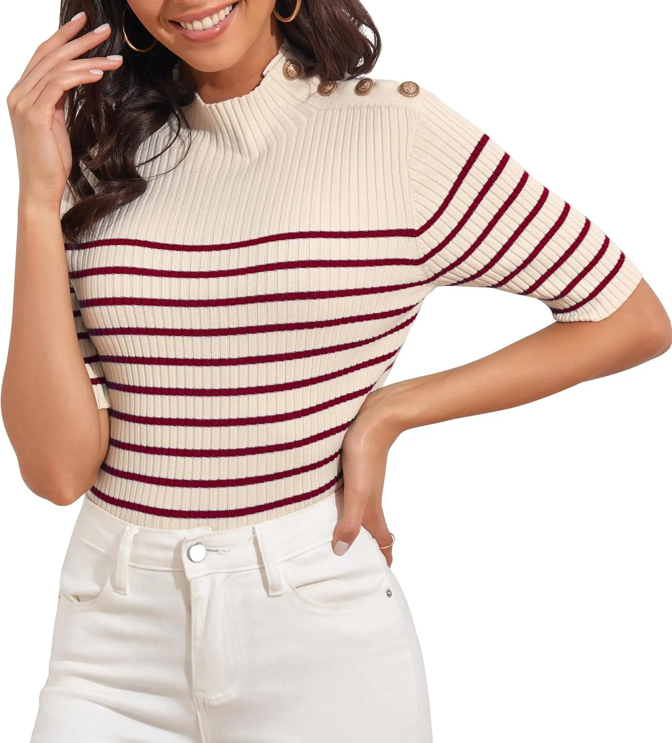 PrettyGuide Women's Short Sleeve Sweater Tops Mock Neck with Button Pullover Slim Fit Casual Business Knit Basic Top