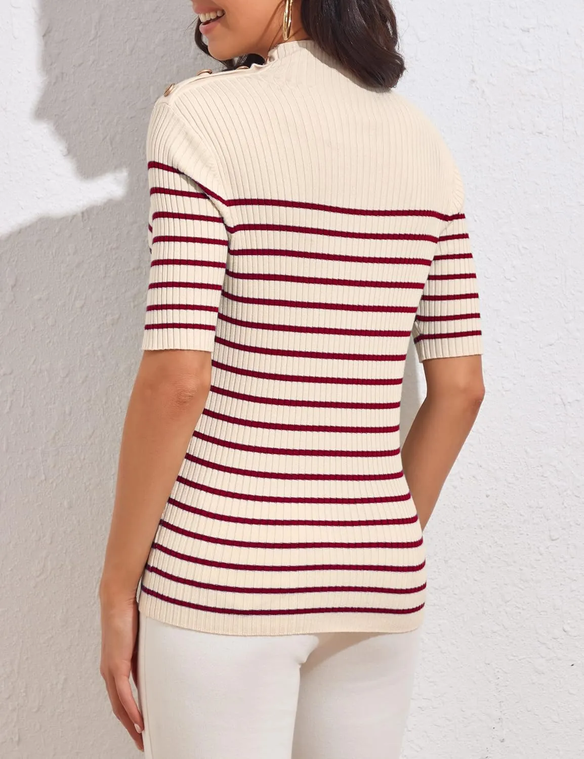 PrettyGuide Women's Short Sleeve Sweater Tops Mock Neck with Button Pullover Slim Fit Casual Business Knit Basic Top