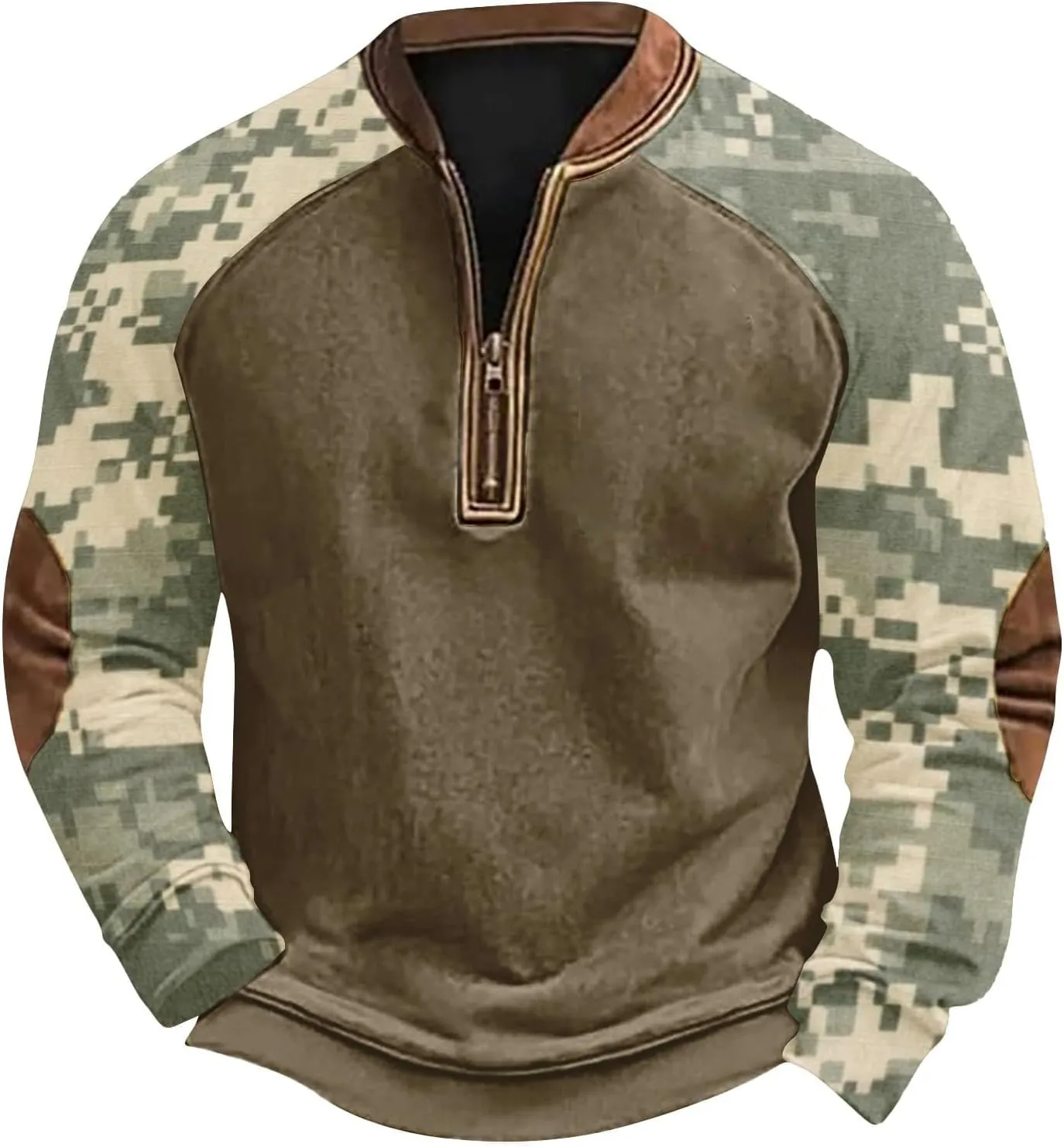 Quarter Zip Pullover Men Long Sleeve Camo Casual Sweatshirt 2024 Winter Henley Neck Plus Size Loose Pullover Tops