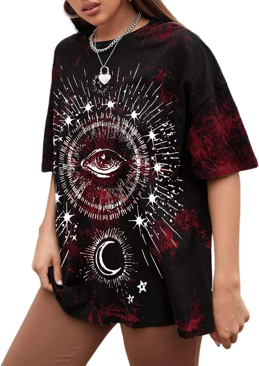Remidoo Women's Casual Crewneck Short Sleeve Sun and Moon Print Tie Dye Oversized Graphic Top T-Shirt