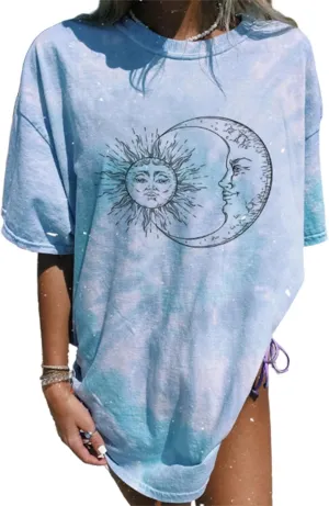 Remidoo Women's Casual Crewneck Short Sleeve Sun and Moon Print Tie Dye Oversized Graphic Top T-Shirt