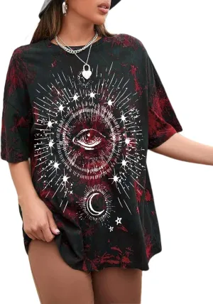 Remidoo Women's Casual Crewneck Short Sleeve Sun and Moon Print Tie Dye Oversized Graphic Top T-Shirt