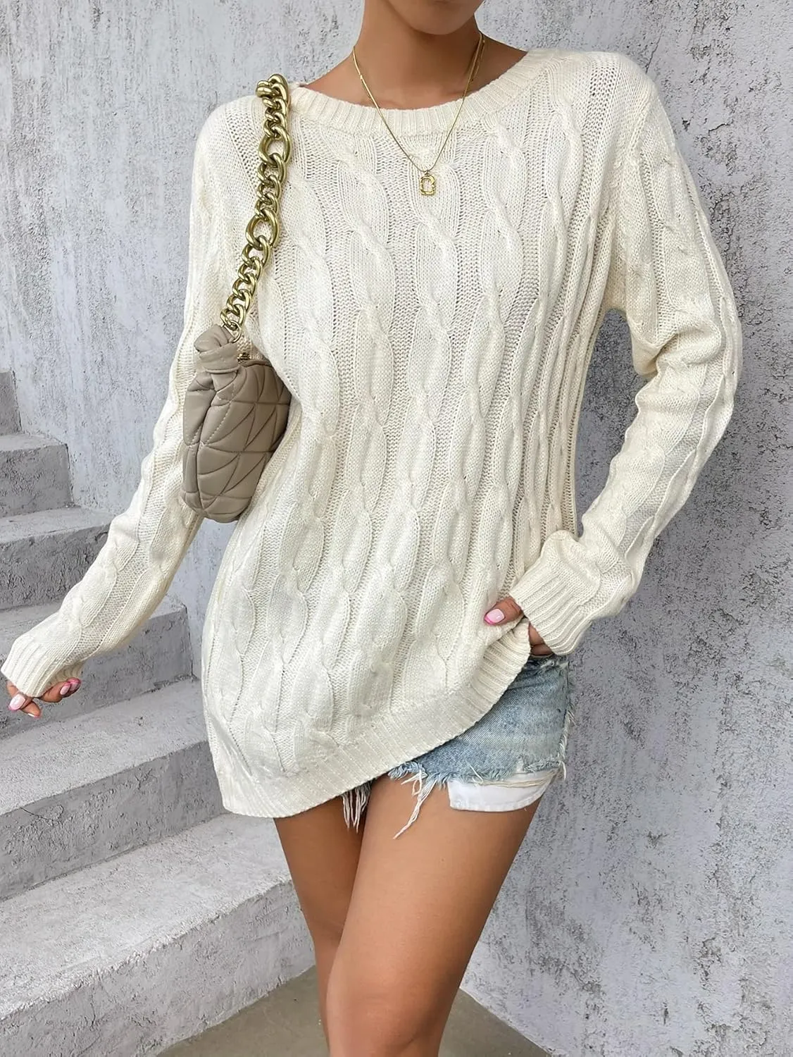 RFME Sweaters for Women Asymmetrical Hem Cable Knit Sweater Sweaters (Color : Beige, Size : Small)