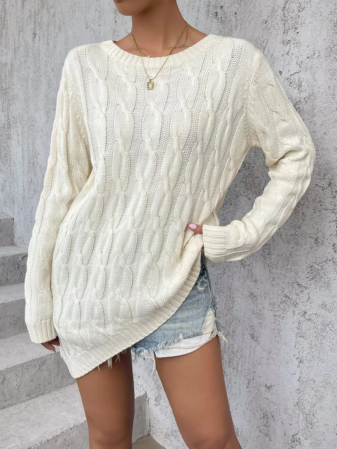 RFME Sweaters for Women Asymmetrical Hem Cable Knit Sweater Sweaters (Color : Beige, Size : Small)