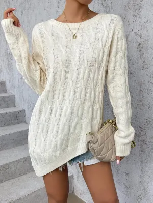 RFME Sweaters for Women Asymmetrical Hem Cable Knit Sweater Sweaters (Color : Beige, Size : Small)