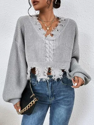 RFME Sweaters for Women Cable Knit Drop Shoulder Distressed Sweater Sweaters (Color : Gray, Size : Medium)