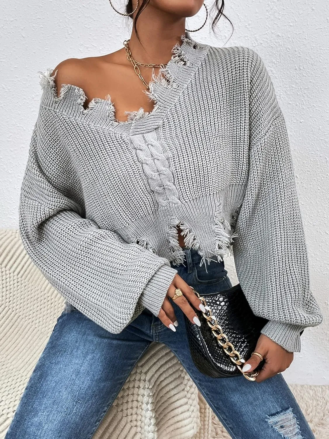 RFME Sweaters for Women Cable Knit Drop Shoulder Distressed Sweater Sweaters (Color : Gray, Size : Medium)