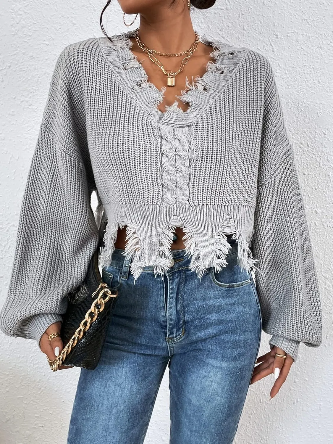 RFME Sweaters for Women Cable Knit Drop Shoulder Distressed Sweater Sweaters (Color : Gray, Size : Medium)