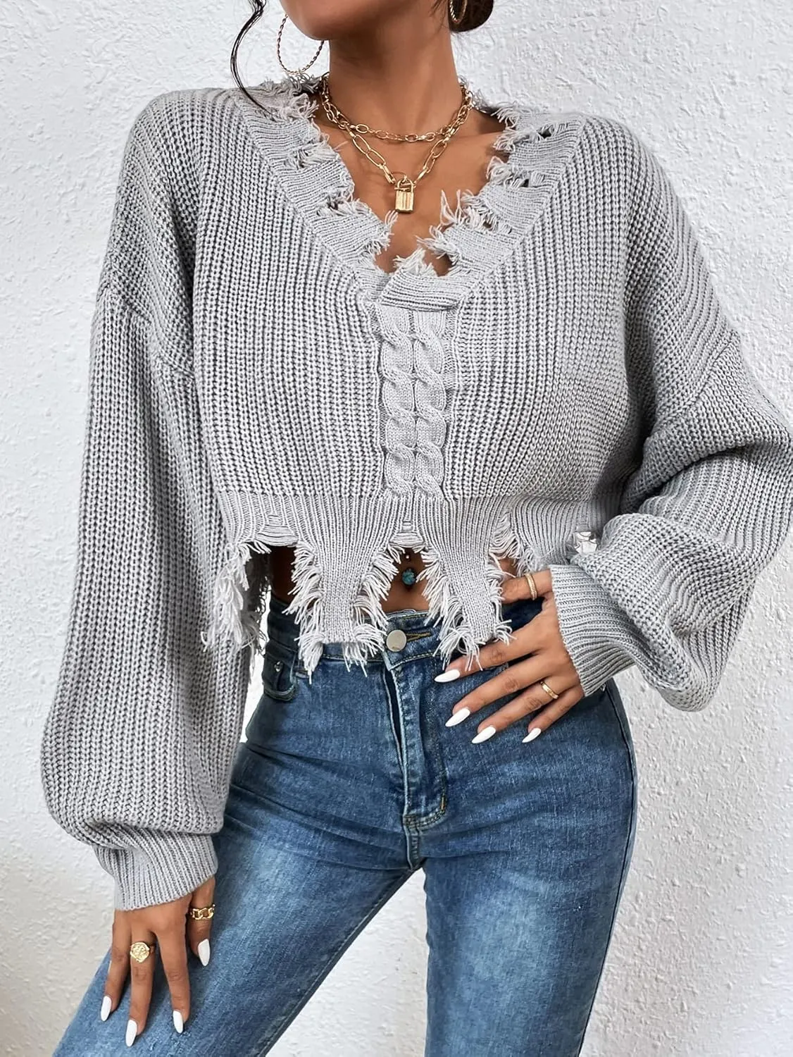 RFME Sweaters for Women Cable Knit Drop Shoulder Distressed Sweater Sweaters (Color : Gray, Size : Medium)