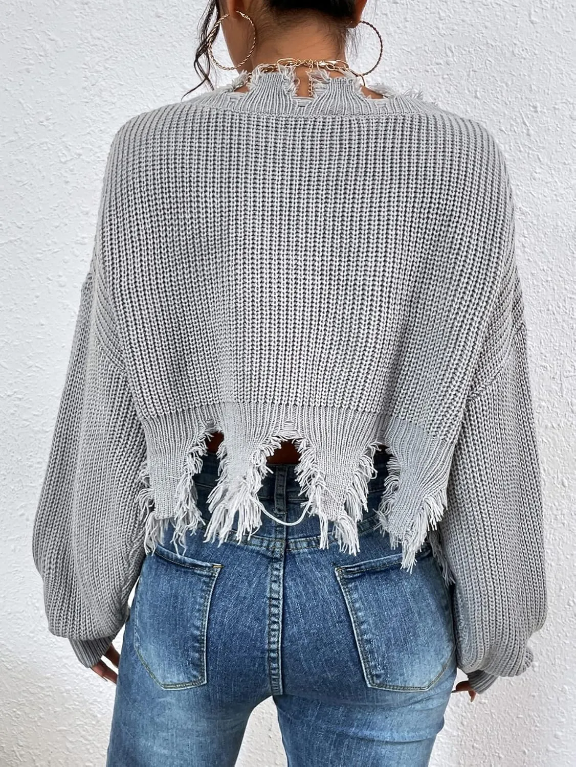 RFME Sweaters for Women Cable Knit Drop Shoulder Distressed Sweater Sweaters (Color : Gray, Size : Medium)