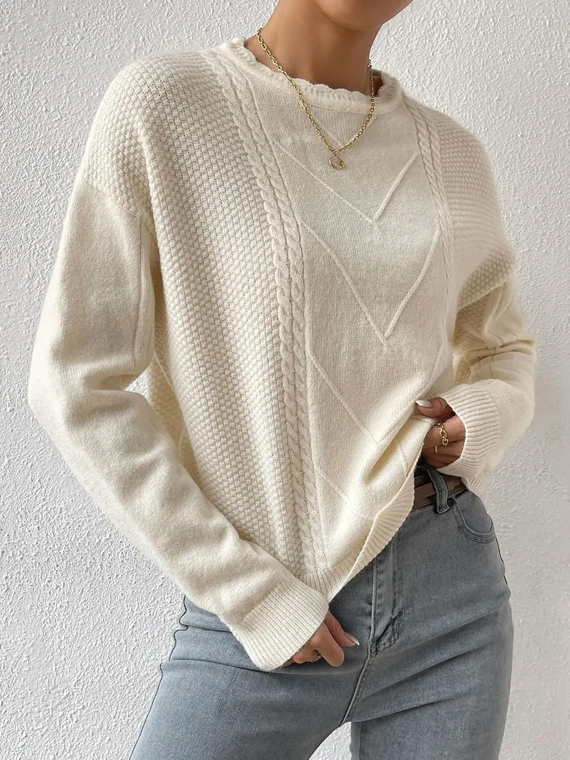 RFME Sweaters for Women Cable Knit Drop Shoulder Sweater Sweaters (Color : Beige, Size : Medium)