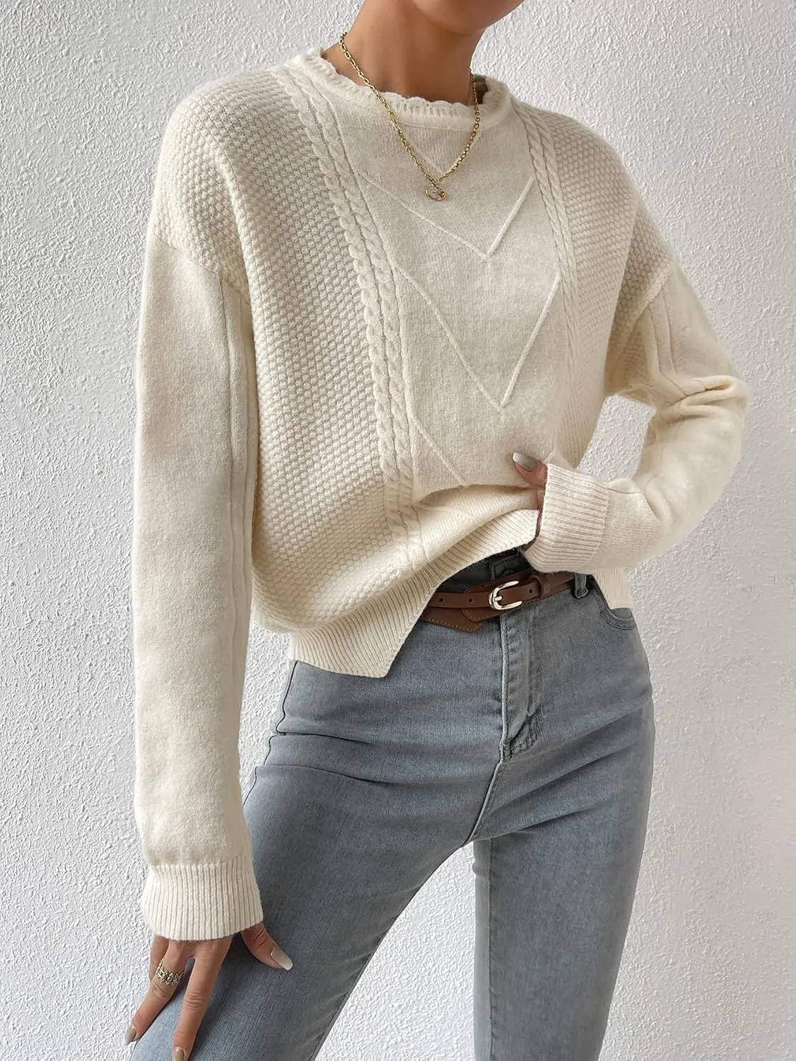 RFME Sweaters for Women Cable Knit Drop Shoulder Sweater Sweaters (Color : Beige, Size : Medium)