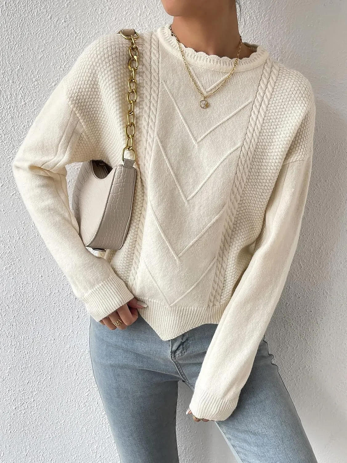 RFME Sweaters for Women Cable Knit Drop Shoulder Sweater Sweaters (Color : Beige, Size : Medium)