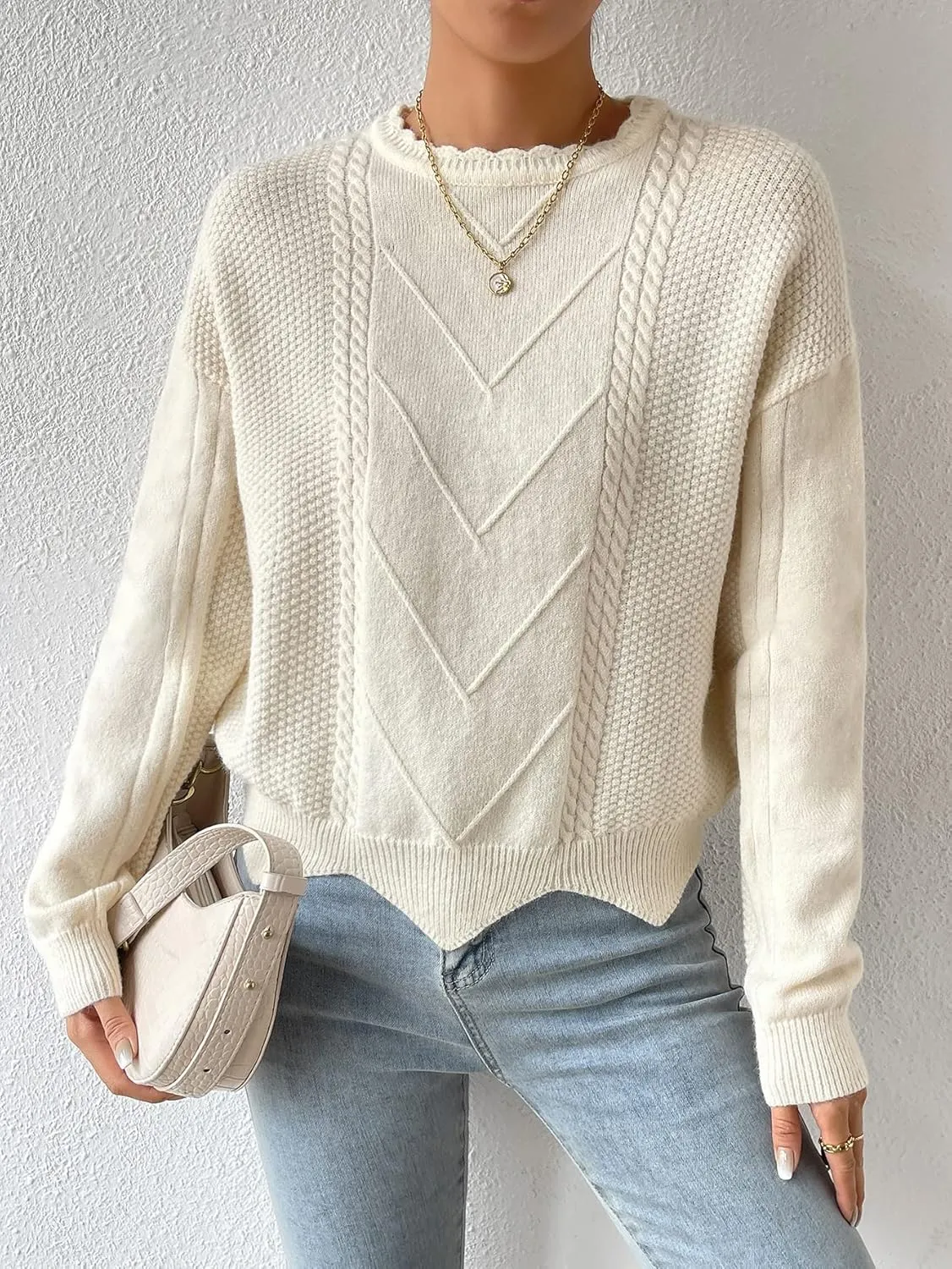 RFME Sweaters for Women Cable Knit Drop Shoulder Sweater Sweaters (Color : Beige, Size : Medium)