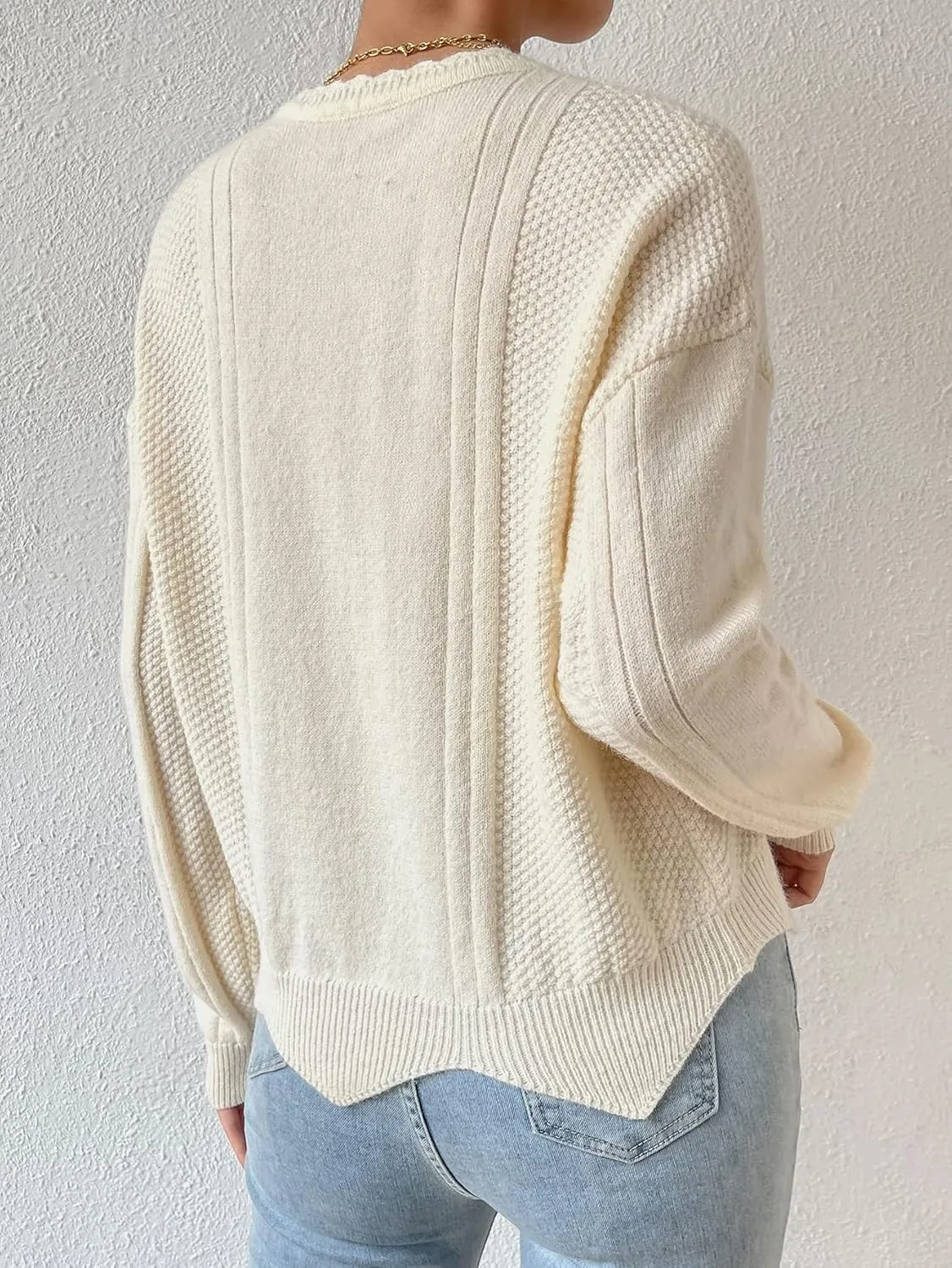 RFME Sweaters for Women Cable Knit Drop Shoulder Sweater Sweaters (Color : Beige, Size : Medium)