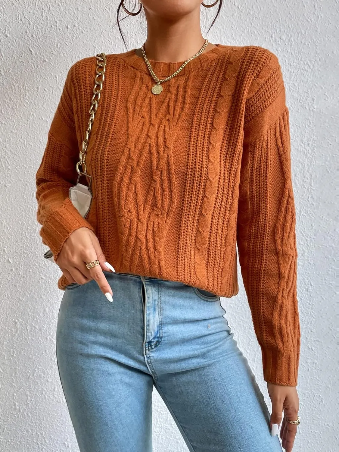 RFME Sweaters for Women Cable Knit Drop Shoulder Sweater Sweaters (Color : Brown, Size : Medium)