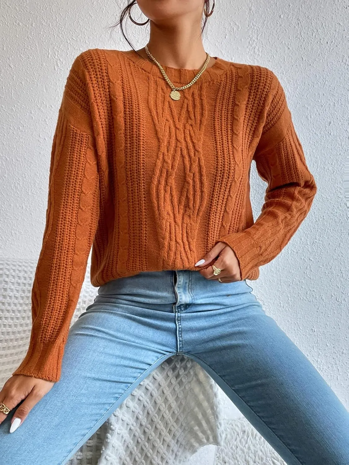 RFME Sweaters for Women Cable Knit Drop Shoulder Sweater Sweaters (Color : Brown, Size : Medium)