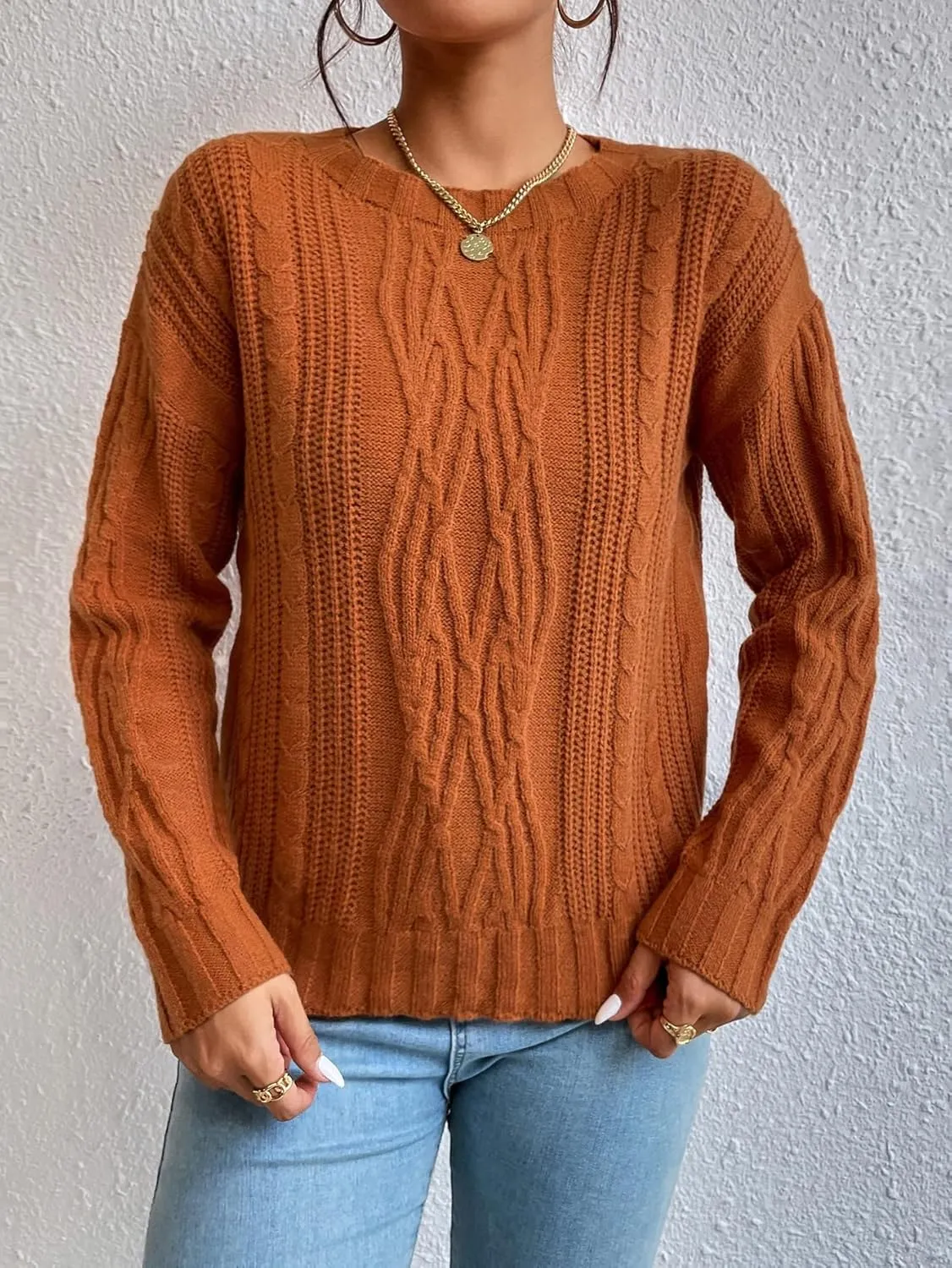 RFME Sweaters for Women Cable Knit Drop Shoulder Sweater Sweaters (Color : Brown, Size : Medium)